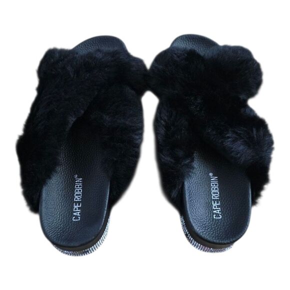Cape Robbin Black Rhinestone Furry Criss-cross Spotty platform Sandals 10 - Picture 1 of 4